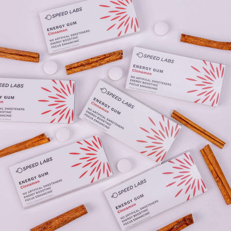 [Australia] - Speed Labs Cinnamon Natural Caffeine Energy Gum 25mg Caffeine, Taurine, B Vitamins Per Piece, 48 Pieces (6 Packs of 8) Sugar Free, Zero Calories, Naturally Sweetened, Gluten Free 
