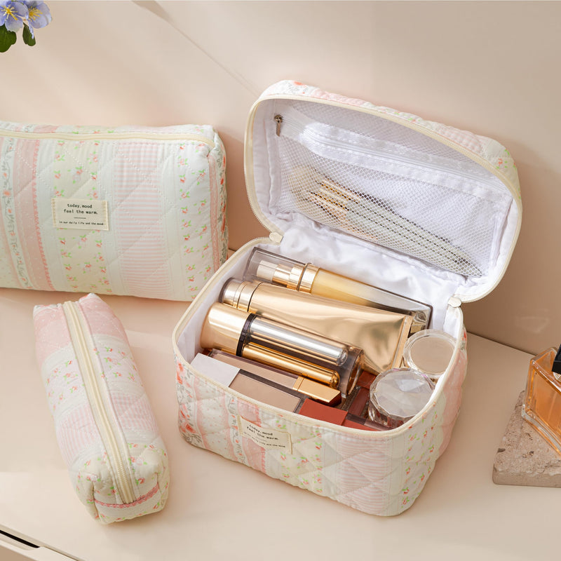 HBselect Quilted Makeup Bag, 3Pcs Cotton Large Travel Makeup Bags Organizer | Cute Floral Make up Bag Cosmetic Bag Toiletry Bag for Women Girls, Makeup Pouch for Skincare, Brushes & Travel Essentials A-3PCS-Floral 46