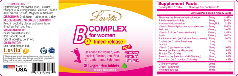 LOVITA B Complex Supplement for Women - High Potency Timed Release with Iron, Vitamin C, Cranberry, Pine Bark, Green Tea, 30 Vegetarian Tablets 1 Count (Pack of 30)