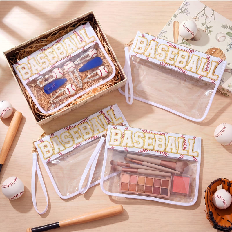 6 Pcs Baseball Gifts White Chenille Letter Makeup Bags Nylon Clear Cosmetic Bags Toiletry Zipper Pouch Travel Purse for Sports Women Party Holiday Favor 6
