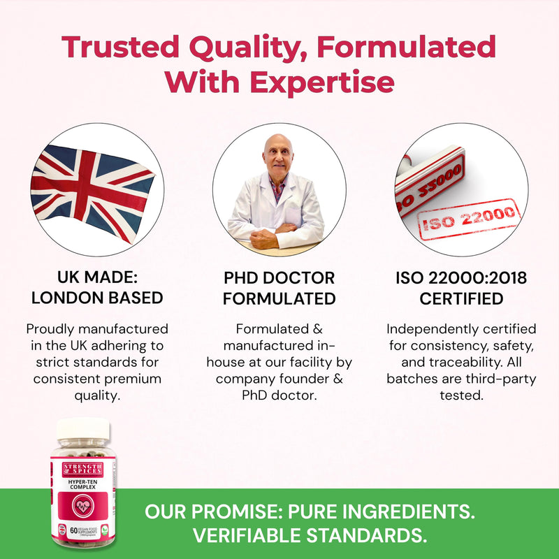 Strength & Spices Blood Pressure Aid Capsules – 17 Natural Ingredients incl. Beetroot, Hawthorn & Grape Seed – with Potassium, Vitamin B1 & Magnesium – UK Made, Vegan, ISO Certified, 60 Capsules