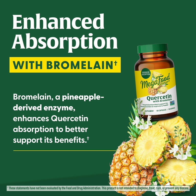 [Australia] - MegaFood Quercetin with Bromelain - Respiratory & Seasonal Immune Support Supplement - Quercetin 500mg Capsules & Enhanced Absorption with Bromelain - Vegan, Gluten-Free - 60 Capsules, 30 Servings 