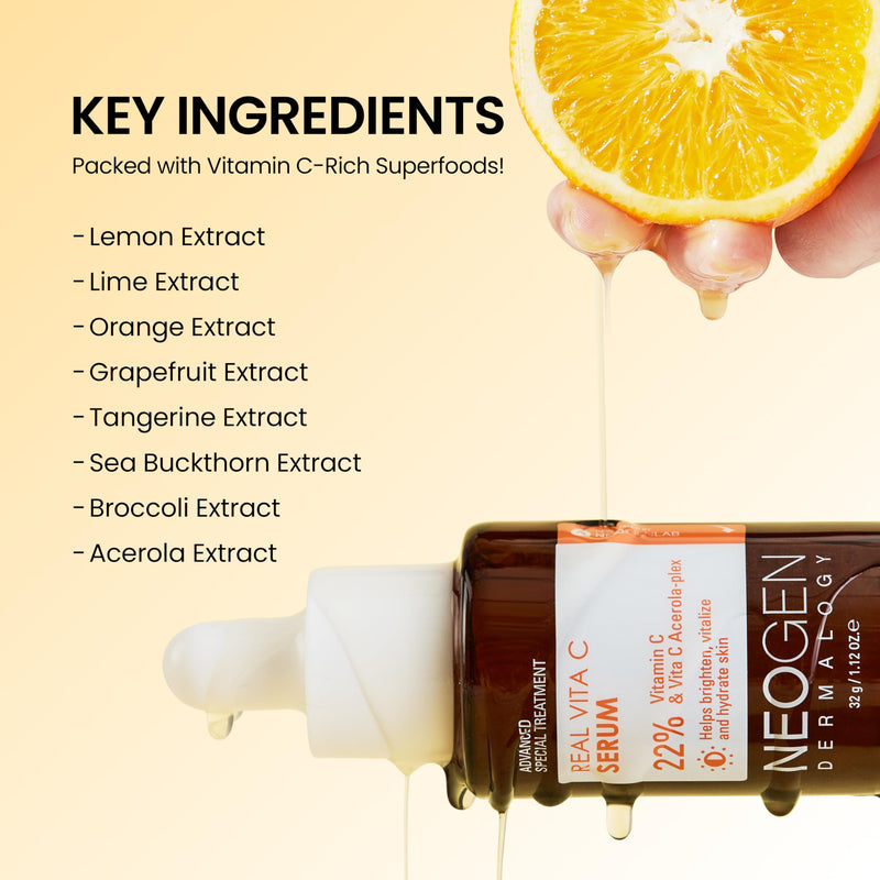 DERMALOGY by NEOGEN Real Vita C Serum - 22% Vitamin C Glow Serum with Ferulic Acid, Niacinamide & Zinc for Dark Spots, Uneven & Dull Skin, Korean Skin Care (32g/ 1.12 oz)