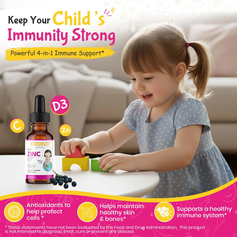 Zinc Kids Liquid Drops with Elderberry, Vitamin D3 & C – 30 Daily Servings, 2 FL OZ (60 mL) – Immune Support for Children – Sugar Free, Gluten Free, Vegetarian