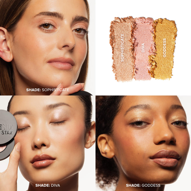[Australia] - Nudestix STAX Nude Eye Lights Set – 3-Piece Iridescent Cream Eyeshadow Sticks for Dewy Glow on Eyes, Lips & Cheeks | Includes Diva, Sophisticate & Goddess | Vegan, Multi-Use, Stackable Makeup 