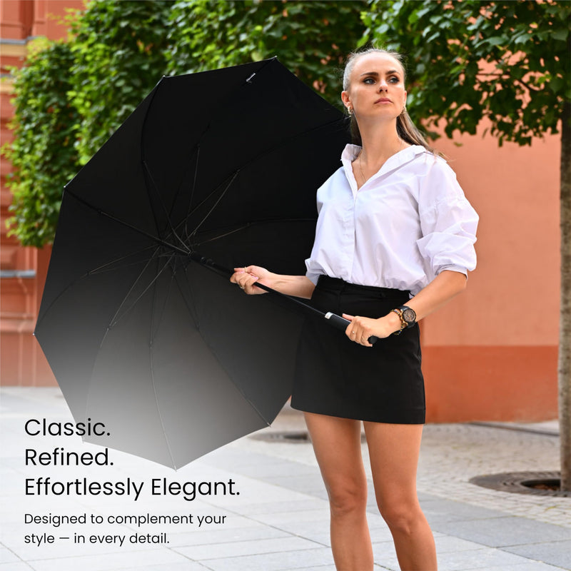 KRAGO Travel Umbrella - Large 55 Inch Windproof Golf Stick Umbrella | Umbrella for Rain - Auto Open Fiberglass Frame Straight Umbrella with Stylish Plastic Handle - Big for Men and Women Black with Silver