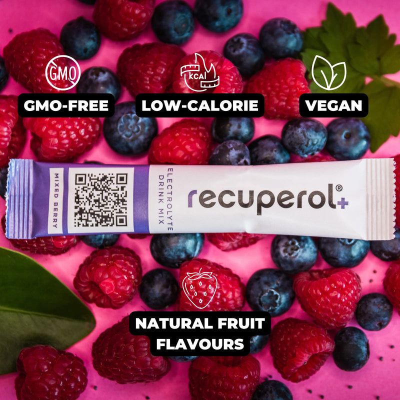 Recuperol Electrolytes Sachets - Rehydration Electrolytes Powder with Zinc, Vitamin C, B12, D3 & Potassium for Hydration - Sugar Free, Vegan & Low Calorie - Mixed Berry 30 Pack