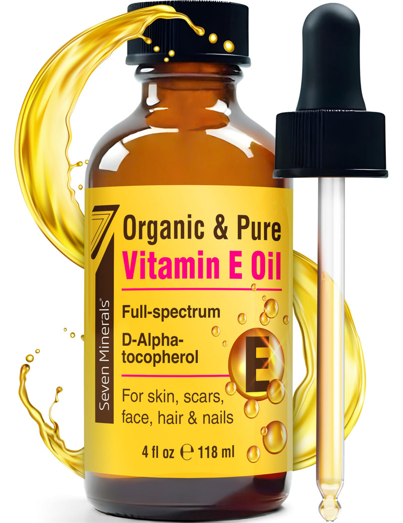 Seven Minerals Ultra Pure Vitamin E Oil for Skin, Face, Hair and Scars 4 Oz | Full-Spectrum D-Alpha Tocopherol from Organic Sunflower Seeds - Naturally Occurring = Not Synthetic 4 Fl Oz (Pack of 1)