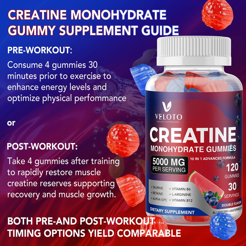 Creatine Monohydrate Gummies 5000mg, 10-in-1 Formula with Taurine, B12, B6 & Beetroot, Muscle Growth, Energy & Focus, Vegan Sugar-Free Pre Workout for Men & Women, 120 Blueberry & Watermelon Gummies