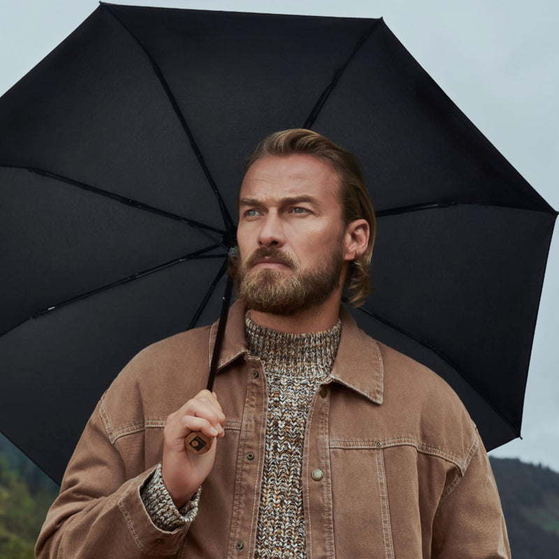 Knirps TIMBER Manual Umbrella - Compact Folding Rain Protection with German Beechwood Handle, Wind Tunnel Tested Frame, Portable Travel Design Navy