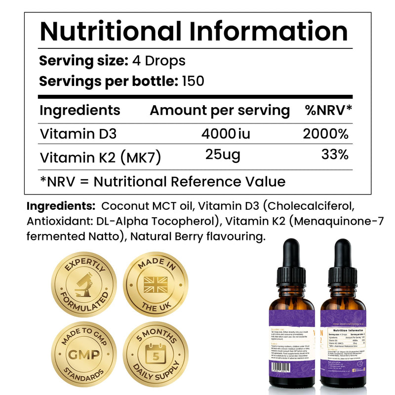 Vitamin D3 K2 Drops 4000iu Fast Absorbing MCT Oil for Immunity & Bones, 5-Month Supply High Strength Natural Berry Flavour Supplement for Adults & Kids 30ml