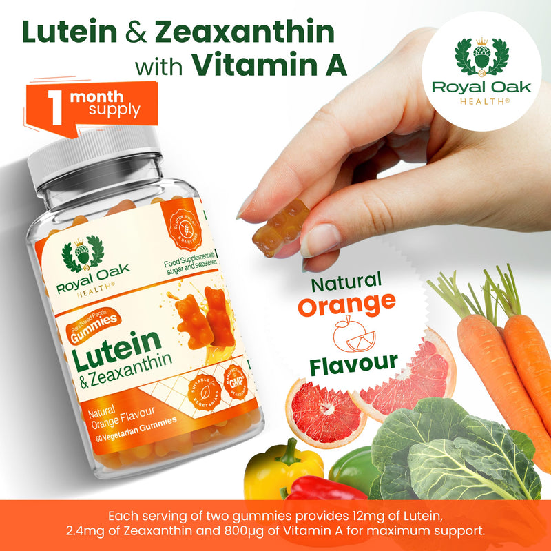 Lutein & Zeaxanthin Gummies 12mg + 2.4mg with Vitamin A 800µg | Vision Support Eye Complex | Natural Orange Flavour | Plant Based Pectin | Vegetarian | 60 Gummies | UK Made | GMP Certified Lutein & Zeaxanthin Gummies