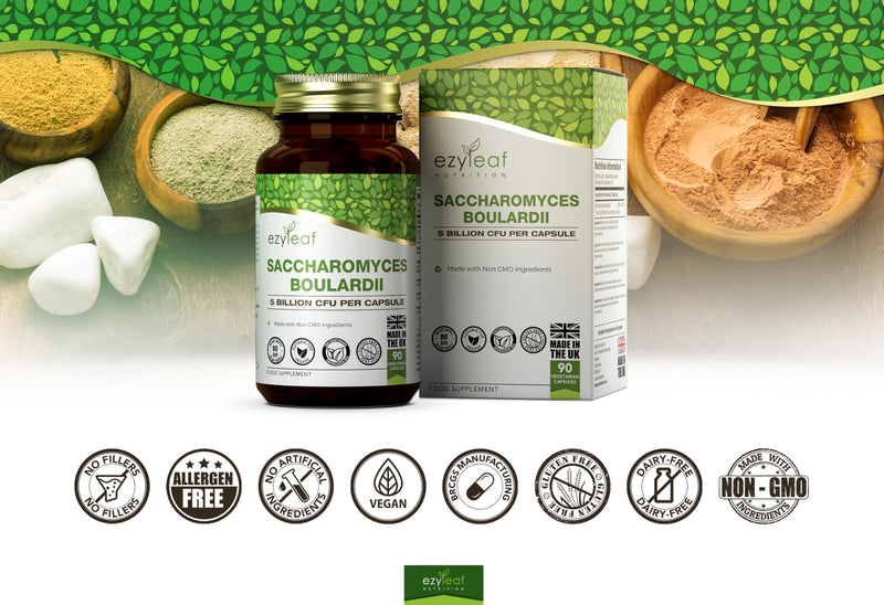 Ezyleaf Saccharomyces Boulardii [5 Billion CFU] | 90 Vegan Capsules | Probiotic Supplement | S Boulardii Probiotic with Clean Fillers | ISO Certified, Non-GMO, Gluten & Allergen Free