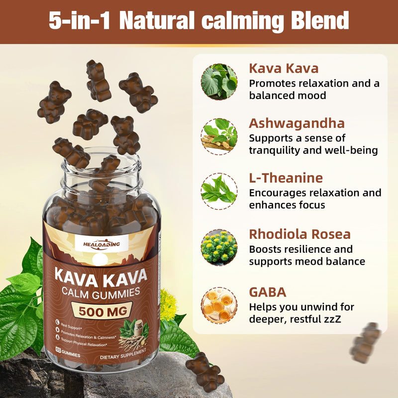 [Australia] - Kava Kava Root Extract Supplement: Natural Kava Gummies with L Theanine, Ashwagandha and GABA for Cognitive & Immune Support Herbal Supplement for Adults 