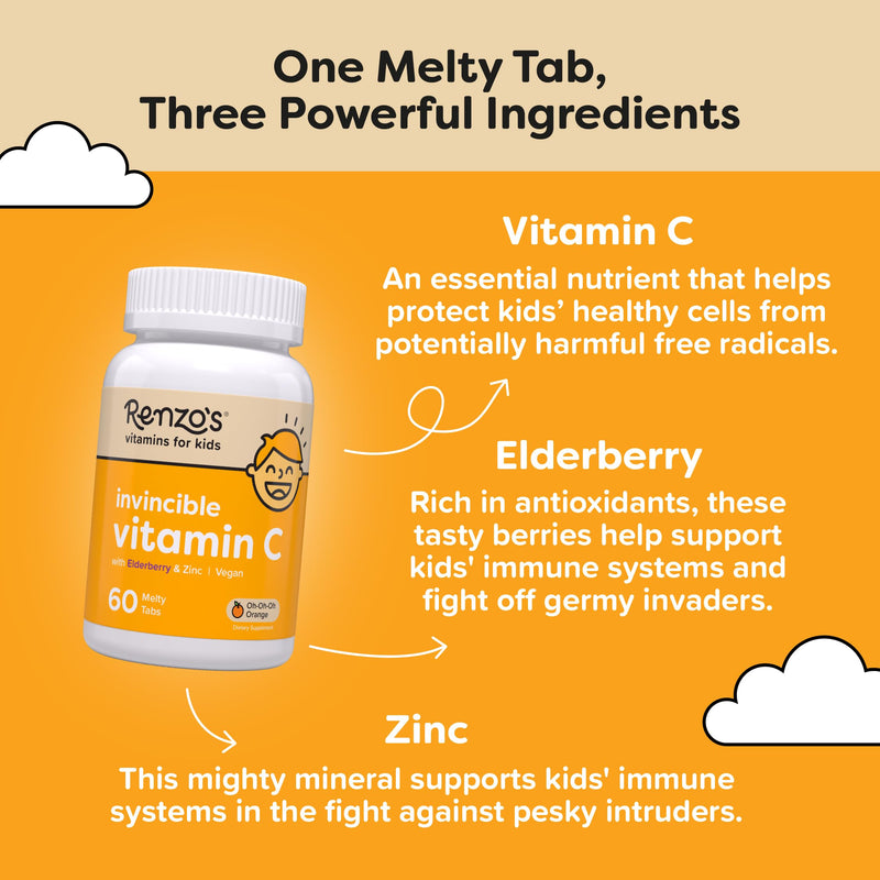 [Australia] - Renzo's Invincible Vitamin C for Kids with Elderberry & Zinc - Dissolvable Kids Vitamins for Immune Support - 60 Orange-Flavored Melty Tabs 60 Count (Pack of 1) 