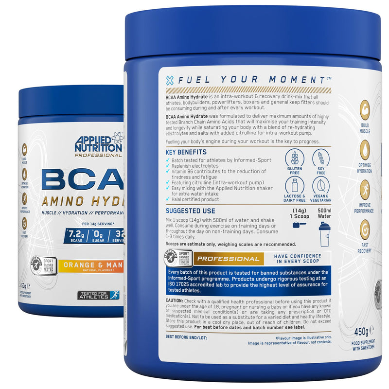Applied Nutrition BCAA Powder - Branched Chain Amino Acids BCAAs Supplement, Amino Hydrate Intra Workout & Recovery Energy Drink (450g - 32 Servings) (Orange & Mango) Orange & Mango 450g (Pack of 1)