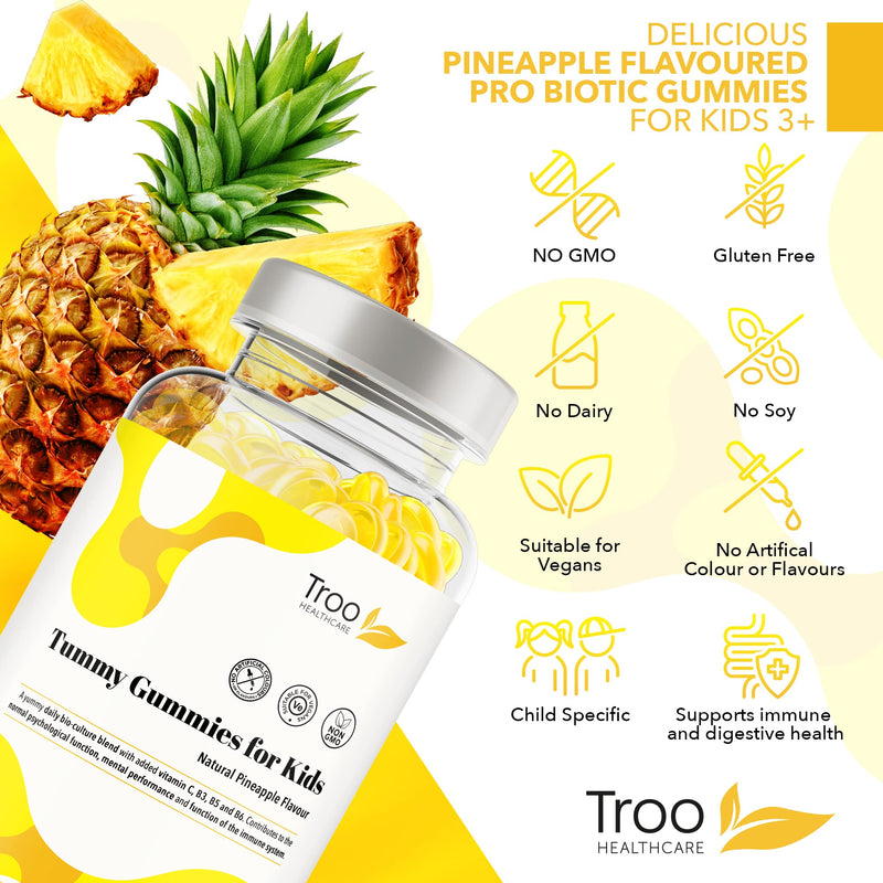 Troo Health Care Tummy Gummies Probiotics with Vitamins for Kids & Adults - 150 Natural Pineapple Active Bacteria Gummies with Vitamin C, B3, B5 & B6 to Support Immune Function & Mental Development 150 count (Pack of 1)