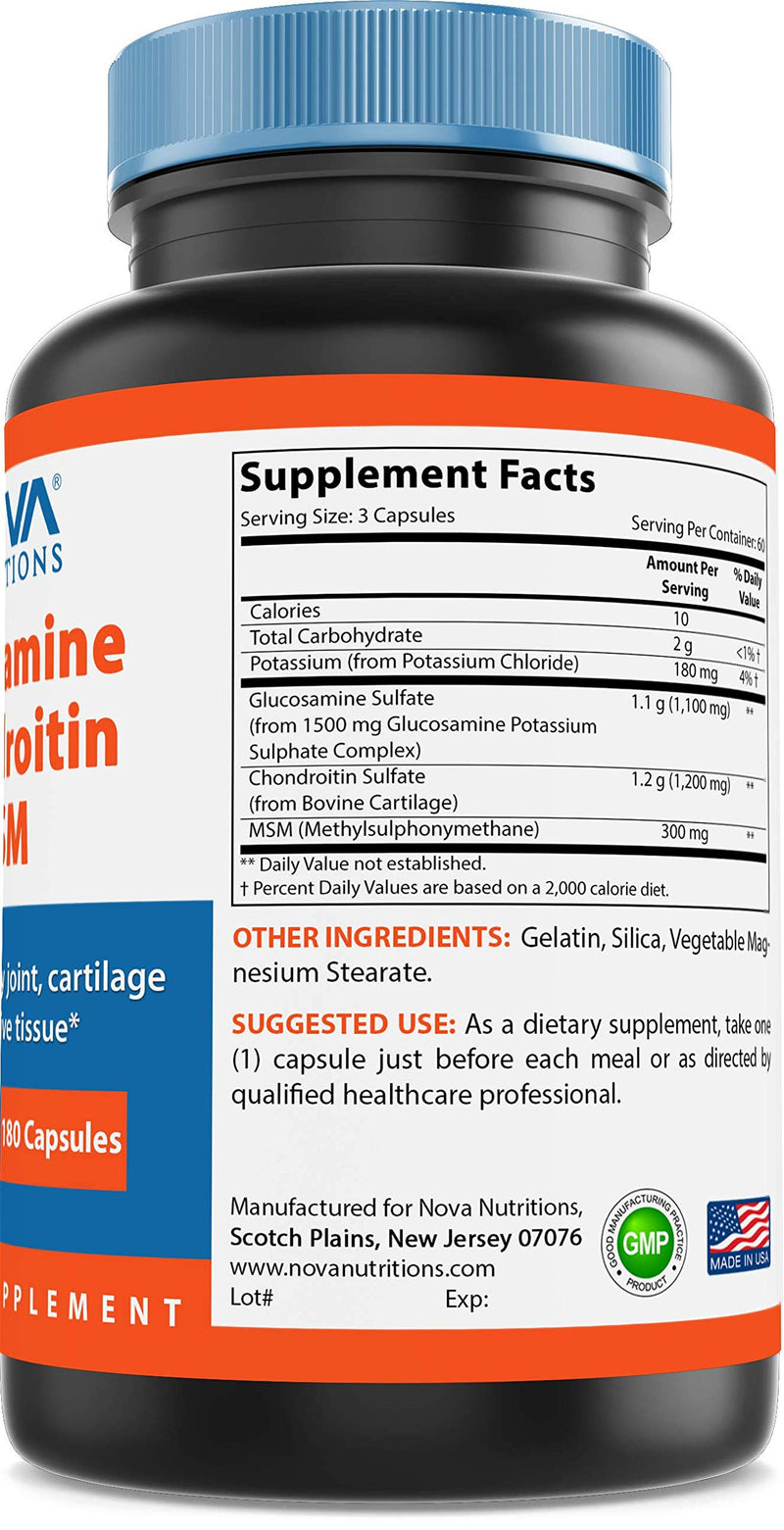[Australia] - Nova Nutritions Triple Strength Glucosamine Chondroitin MSM 2600mg/Serving Capsules, Supports Healthy Joint, Cartilage and Connective Tissue - Promotes Joint Comfort & Flexibility 180 Count 