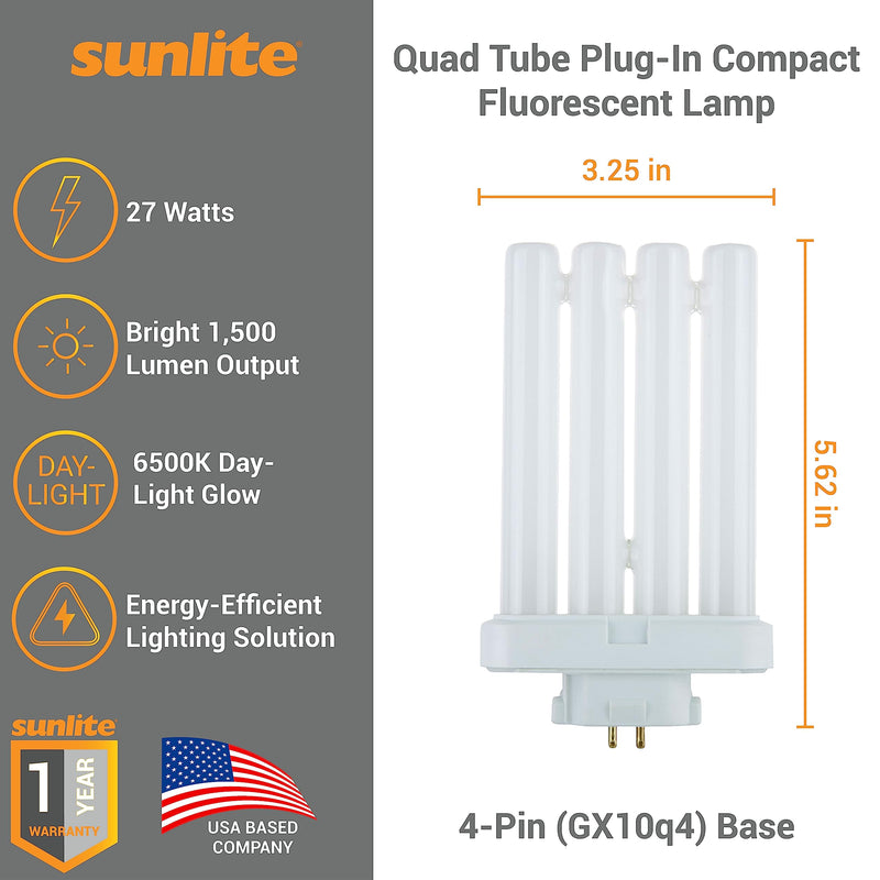 [Australia] - Sunlite FML27/65K/2PK Quad Tube Plug-in Compact Fluorescent Lamp, FML 4-Pin, 27 Watts, 1500 Lumens, 6500K Daylight, 4-Pin (GX10q4) Base, 120 Volts, 2 Pack 2 Count (Pack of 1) 