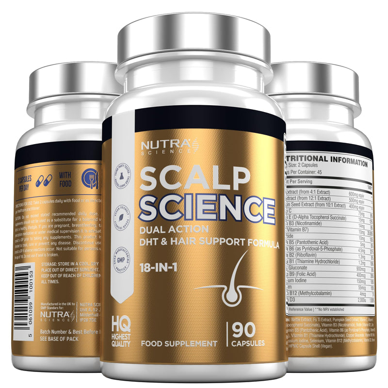 Scalp Science Advanced DHT Blocker Tablets Hair Growth Vitamins for Men and Women – 10,000mcg Biotin + Pumpkin Seed & Nettle Root – 90 Vegan Capsules