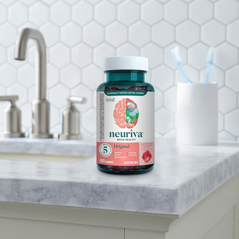 NEURIVA Original Brain Supplements for Memory and Focus, Clinically Tested Nootropics Phosphatidylserine and Neurofactor, Caffeine Free, 50ct Strawberry Gummies | Brain Supplements for Memory and Focus, Phosphatidylserine, Neurofactor, Decaffeinated No...