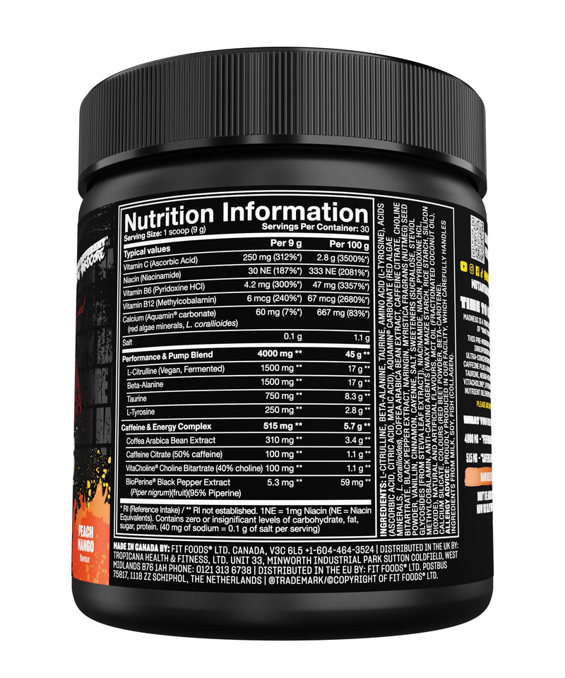 MUTANT Madness | Ultra-Concentrated Pre-Workout Supplement | 360mg Caffeine, 4g Pump & Performance Blend, Beta-Alanine, Energy & Focus | 30 Serving | Peach Mango 30 servings (225 g)