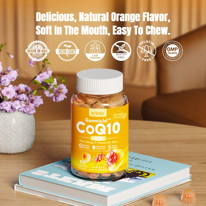 [Australia] - Sugar-Free CoQ10-250mg Filled Gummies - 2 Months Supply - Plus Omega-3, Vitamin B3 & Zinc, High Absorption Coenzyme Q10 Supplements for Heart Health, Cellular Energy & Antioxidant Support, Vegan 60Cts 60 Count (Pack of 1) 