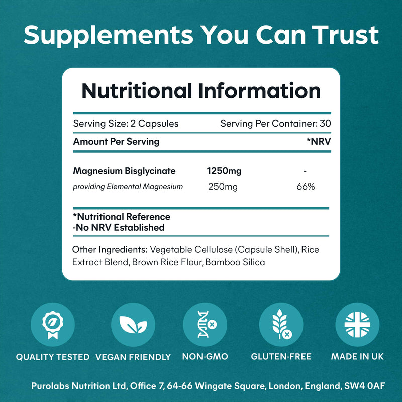 Purolabs Magnesium Bisglycinate 250mg | High Absorption | Energy, Sleep & Muscle Support | Gentle on Stomach | Vegan, Non-GMO, Allergen-Free | 60 Capsules | Made in UK