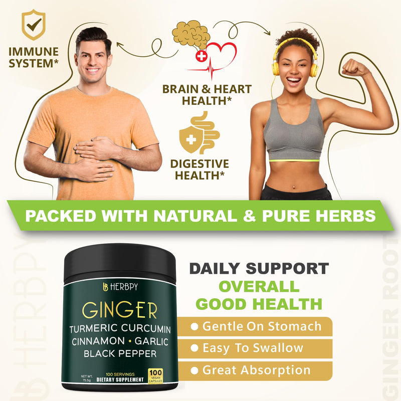 [Australia] - 5in1 Ginger and Turmeric Supplements with Ceylon Cinnamon, Garlic - Digestion, Immune, Brain & Heart Health Support - 100 Vegan Capsules 