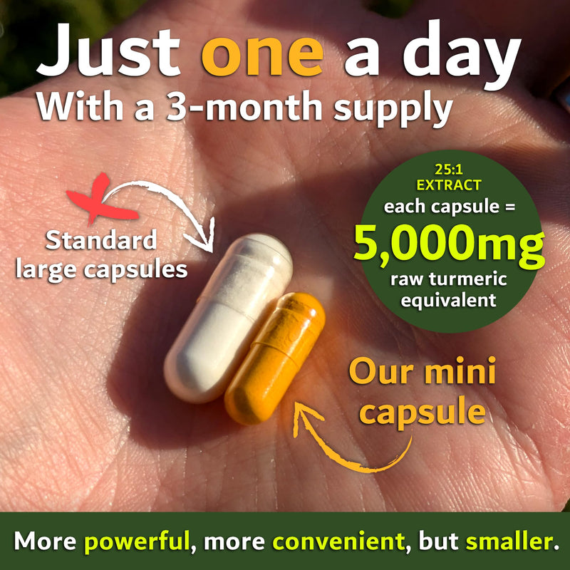 Organic Turmeric 5000mg + Organic Black Pepper 1250mg Per 1 Mini Capsule | Optimal Absorption 4:1 Ratio 95% Extract | UK Made Vegan 90 Servings (3 Months)