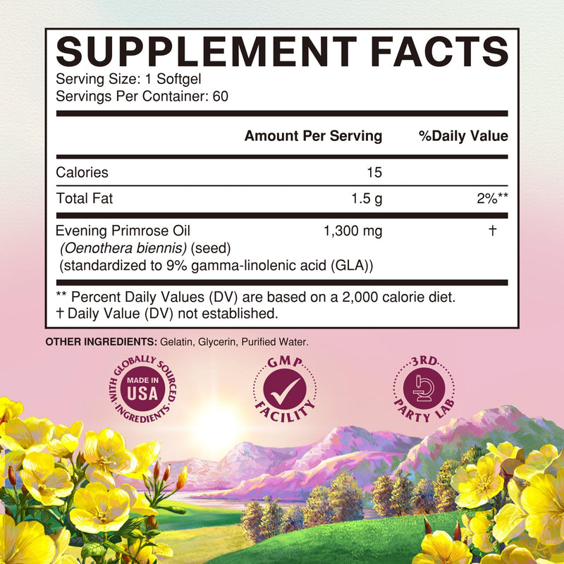 [Australia] - Vitalitown Evening Primrose Oil 1300mg, Cold-Pressed Seed Oil, Standardized 9% GLA (Gamma-Linolenic Acid), Healthy Skin & Hormonal Balance for Women, Non GMO, 60 Softgels 
