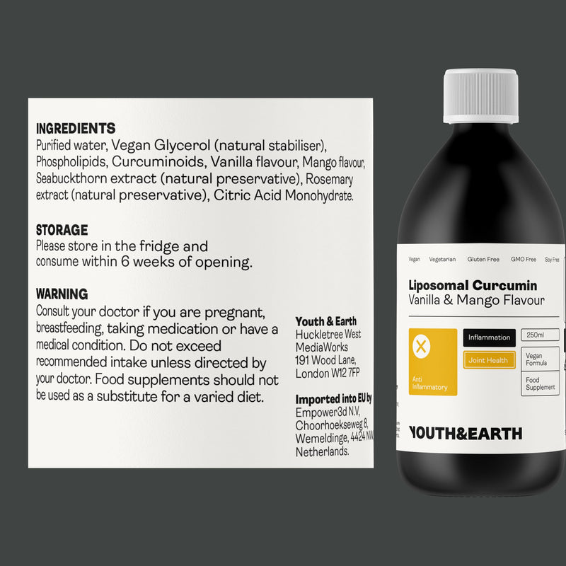 Youth & Earth Liposomal Curcumin Supplements Liquid 250ml – Powerful Anti Inflammatory Supplement for Joint & Cellular Health – Pure Vegan Formula with Vanilla & Mango Flavor – 200mg per Serving