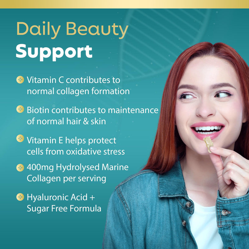 Hydrolysed Collagen Gummies with Biotin + Oral Hyaluronic Acid | Highly Absorbable with Vitamin C+E | 60 Sugar Free Natural Pineapple Flavoured Gummies