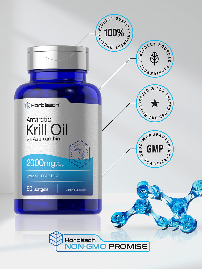 Horbäach Antarctic Krill Oil 2000mg | 60 Softgel Capsules | Omega-3, EPA, DHA Supplement | with Astaxanthin | Non-GMO, Gluten Free