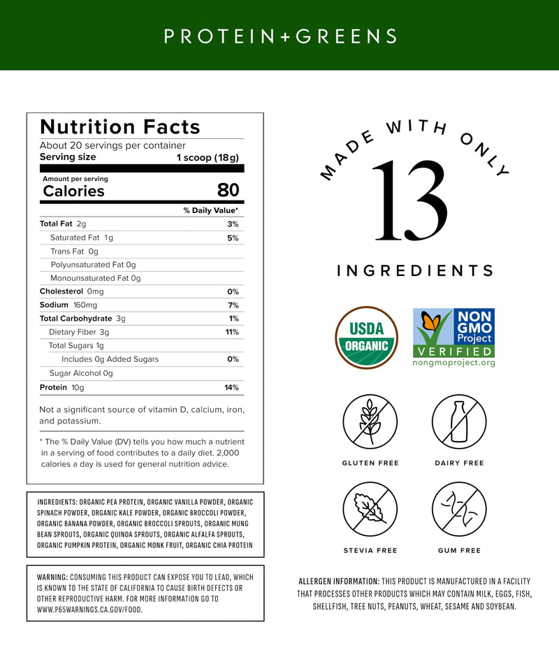 [Australia] - Truvani Protein + Greens Supplement | Spinach, Kale & Broccoli | 10g Organic Plant Based Protein | 20 Servings | USDA Organic | Gluten & Dairy Free | Vegan | No Added Sugar 