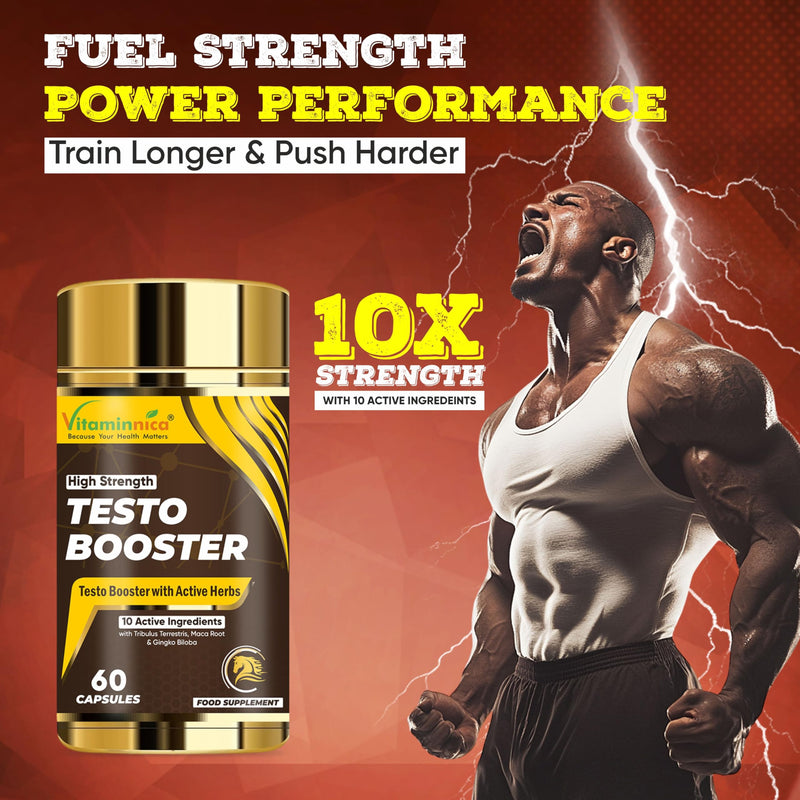 Vitaminnica Testo Booster Capsules - Natural Testosterone Support for Energy, Muscle Growth, Stamina & Vitality- Ashwagandha, Tribulus, & Maca Root- 60 Capsules
