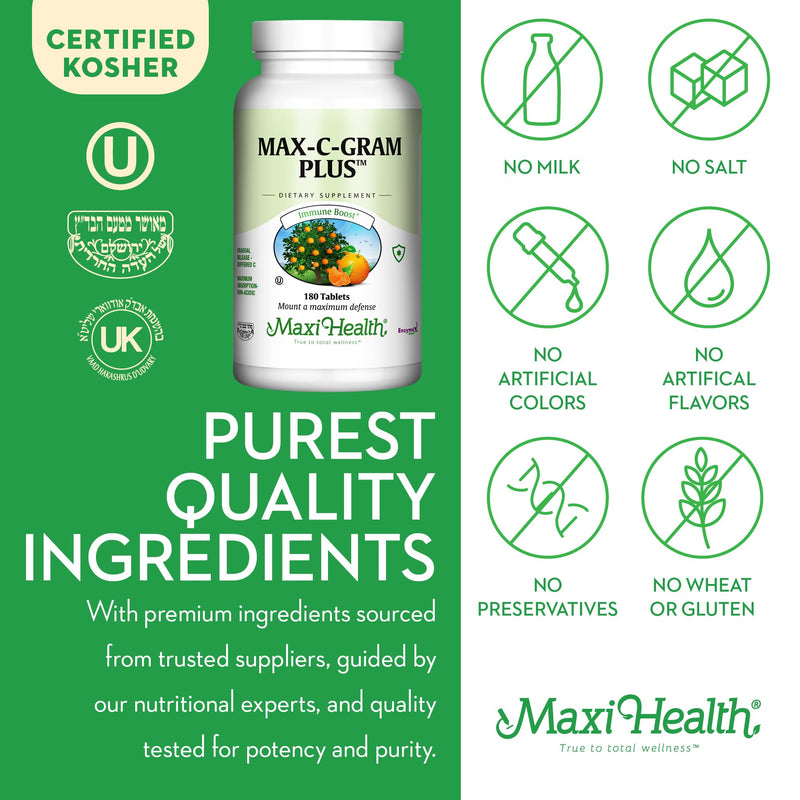 Maxi Health Vitamin C 1050mg – Buffered C Complex with Calcium Ascorbate & Bioflavonoids – Immune Support Supplement, Non-Acidic, Gentle on Stomach, Gradual Release – 90 Tablets | Kosher | Buffered Vitamin C 1050mg | Bioflavonoids, Gentle Stomach & Imm...