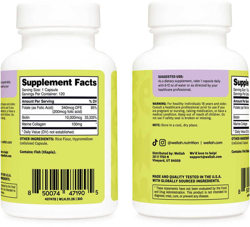 Wellah Biotin for Women (10,000mcg) 120 Capsules | With Folate & Marine Collagen