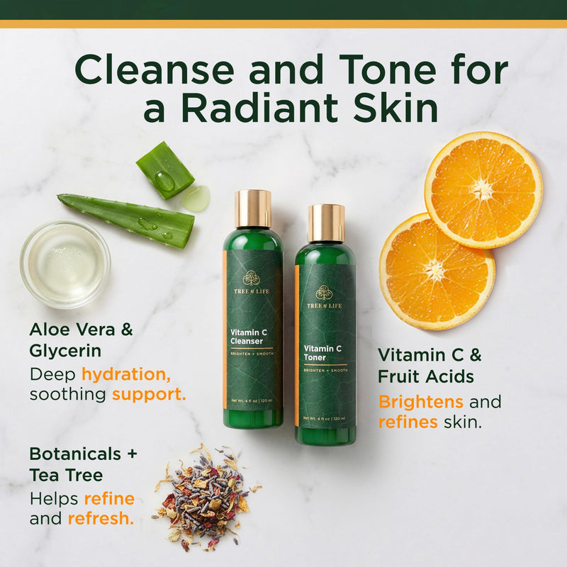 Tree of Life - Vitamin C Facial Cleanser - Face Care - 4 Fl Oz (Pack of 2) | Brightening Vitamin C facial cleanser and toner set. Minimizes pores for gentle deep cleaning for clear skin. Toner & Cleanser 2 X 4 Fl Oz