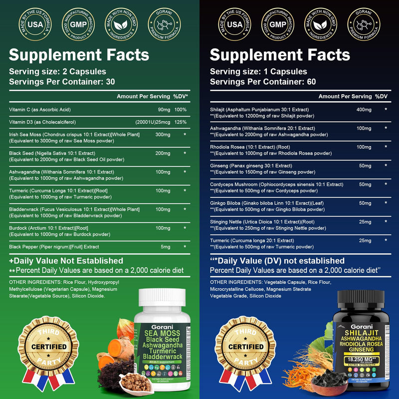 [Australia] - Sea Moss and Shilajit Bundle - Shilajit Pure Himalayan Organic Capsules & Sea Moss Black Seed Oil Ashwagandha Ginger Capsules, Shilajit and Sea Moss Combo for Men Women (2 Pack) 