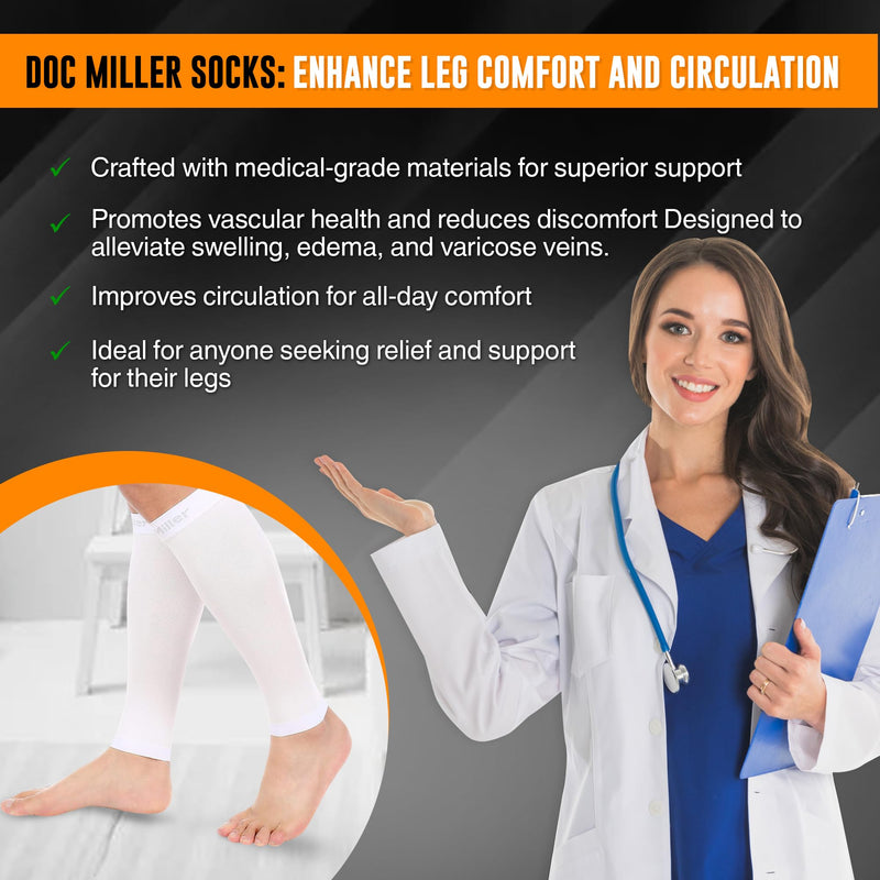 Doc Miller Compression Calf Sleeve for Men & Women – 20-30mmHg Graduated Support for Running, Shin Splints, Calf Strain – Knee High, Small to 6XL Plus Size X-Large White