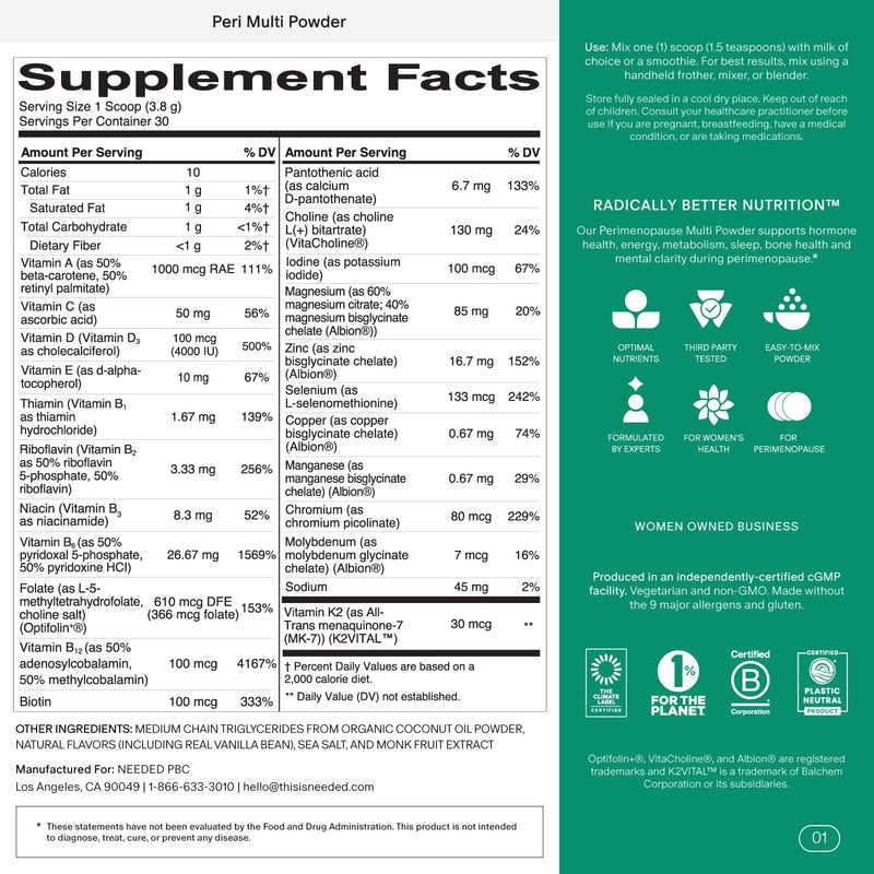 Needed. Perimenopause Supplement for Women, 30 Servings | Perimenopause Multivitamin Powder for Women with Vitamin B12, Vitamin D, Magnesium & Choline Unflavored 4 Ounce (Pack of 1)