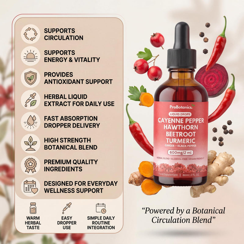 Cayenne Pepper Drops Liquid Extract Supplement | Hawthorn Berry, Turmeric Curcumin, Beet Root, Ginger, Black Pepper for Circulation, Energy and Digestive Health | Alcohol-Free - 60ml