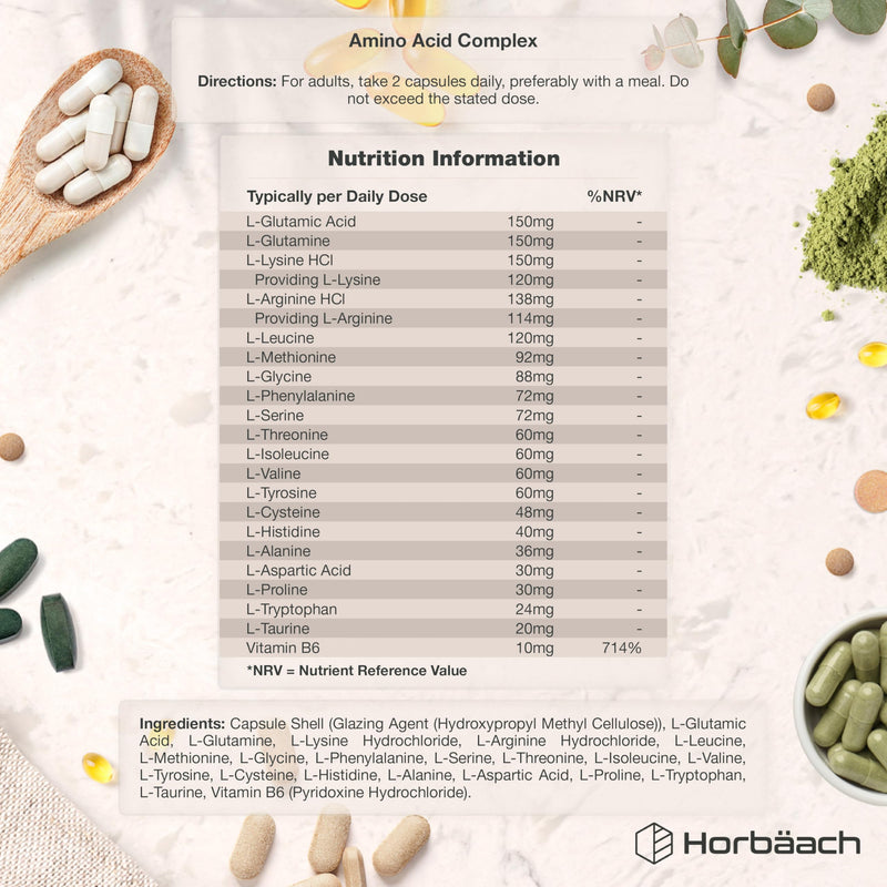 Amino Acid Supplement | Full Spectrum Complex | All BCAA & EAA Including Lysine & Arginine | All 20 Amino Acids | Free Form & Vegan | by Horbaach