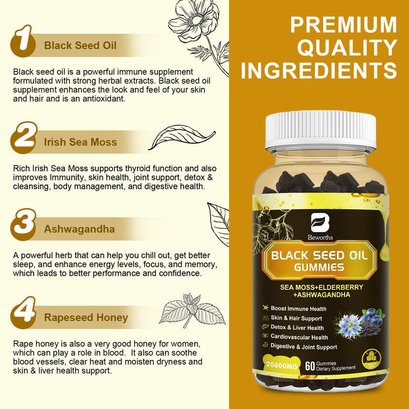 [Australia] - Black Seed Oil & Sea Moss Gummies, 2Pack Irish Sea Moss Gummies with Black Seed Oil, Ashwagandha Extract, Elderberry, Turmeric, Vitamin C, Vitamin D3 - Immune Support, Joints, Digestion, Hair & Skin 120 Count (Pack of 1) 