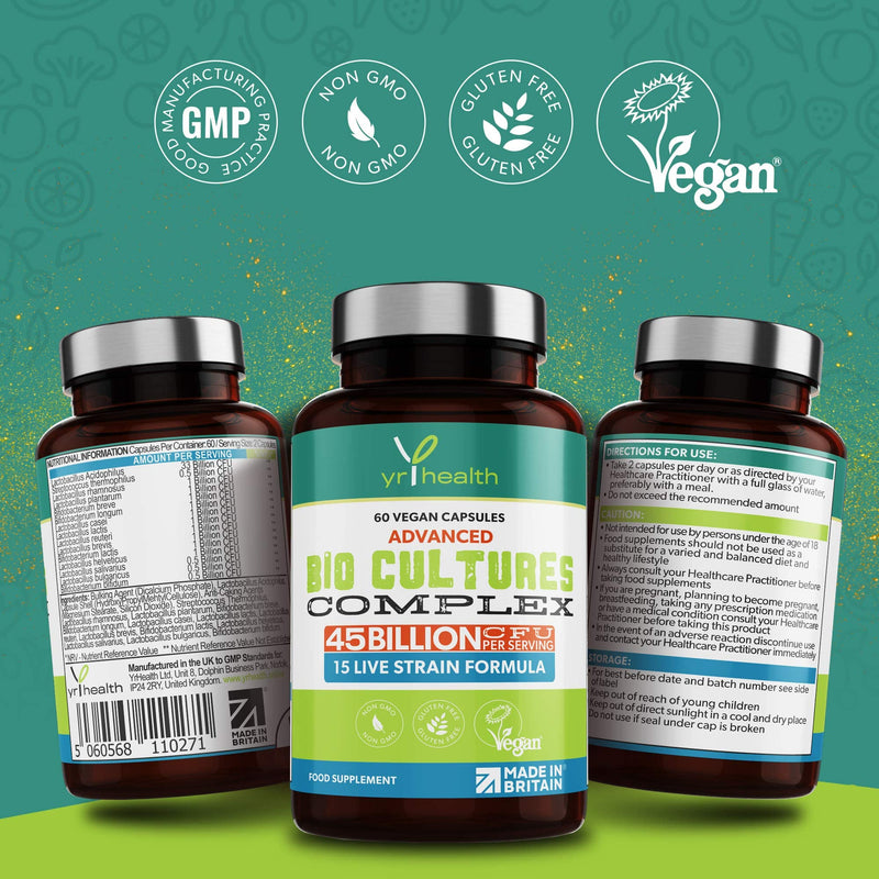 Vegan Bio Cultures Complex - 45 Billion CFU, 15 Active Bacteria Strains - Maximum Strength Multi Strain Complex - Probiotics Women Gut Health and Men, 60 Capsules - Made in The UK by YrHealth