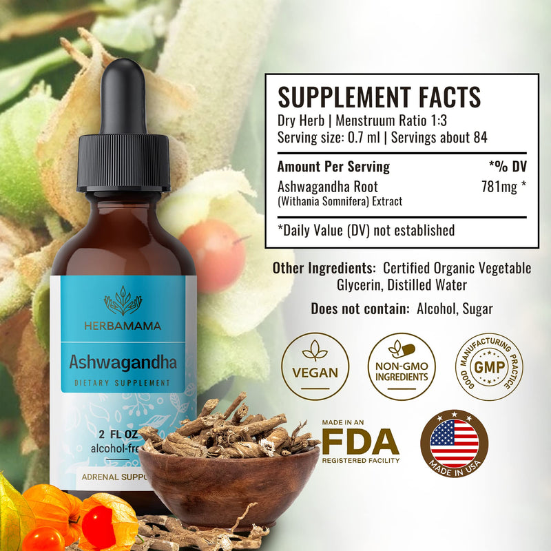 [Australia] - HERBAMAMA Ashwagandha Liquid Drops - Organic Ashwagandha Root Tincture - Ashwagandha Extract Supplements for Men & Women - Vegan Liquid Complex 2 fl oz. 