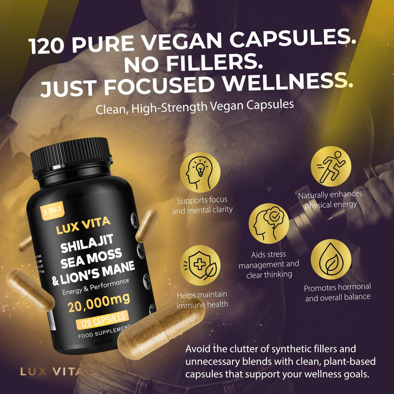 Shilajit with Sea Moss & Lion’s Mane Capsules – 3-in-1 | 4 Month Supply | Herbal Energy, Brain Focus, Daily Mineral & Vitality Supplement – Vegan High Strength Formula | Lux Vita
