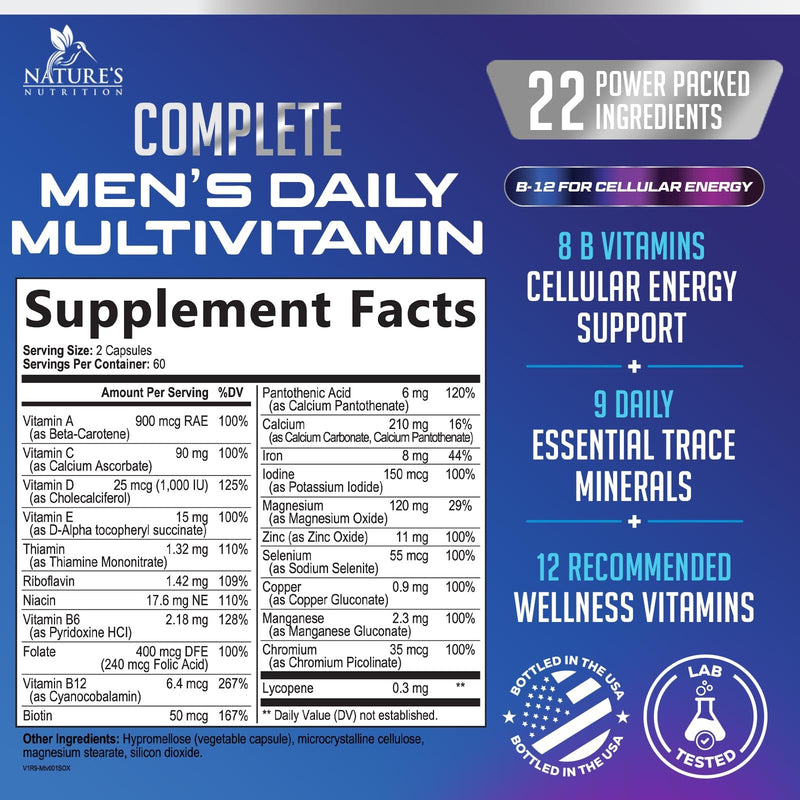 Multivitamin for Men - Once Daily Mens Multivitamins - Comprehensive Multi-Vitamin with Optimal Vitamin Bioavailability - Essential Vitamins A, C, D, E, & Zinc Formula - Bottled in USA - 120 Capsules 120 Count (Pack of 1)