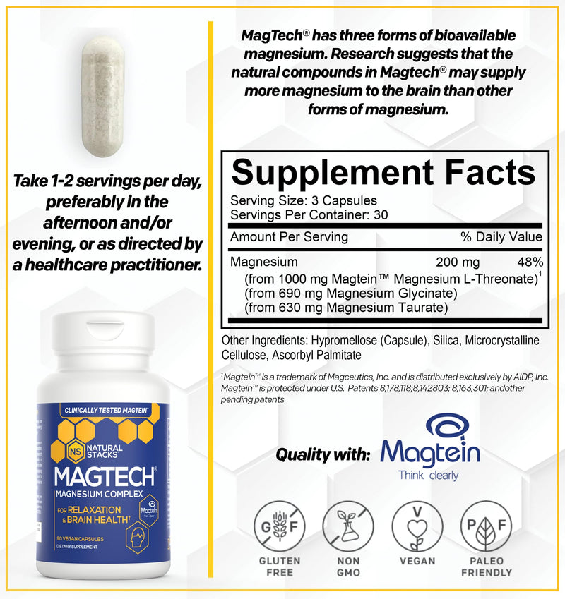 [Australia] - MagTech Magnesium Supplement - Chelated Magnesium Complex - 3 Forms of Magnesium: Magtein Magnesium L-Threonate, Glycinate & Taurate - Supports Relaxation & Brain Health*, 90 Magnesium Capsules Capsule 90 Count (Pack of 1) 